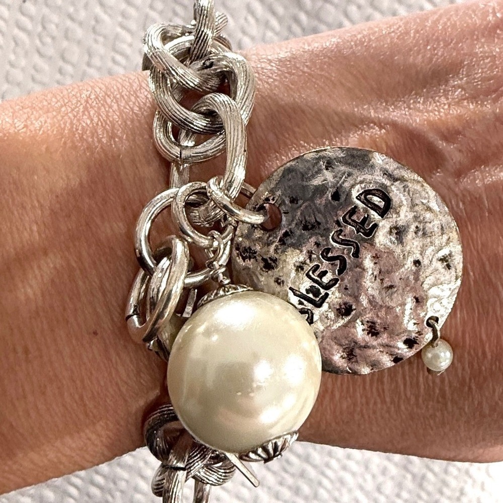 Atelier Charm Bracelet 8 Inch Silver Tone Blessed Disc Faux‎ Pearl Jewelry